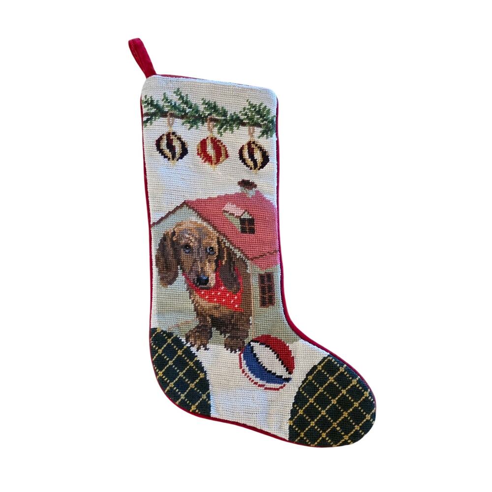 Needlepoint By Hand Wool‎ Dachshund Dog Christmas Stocking 17" Red Velvet